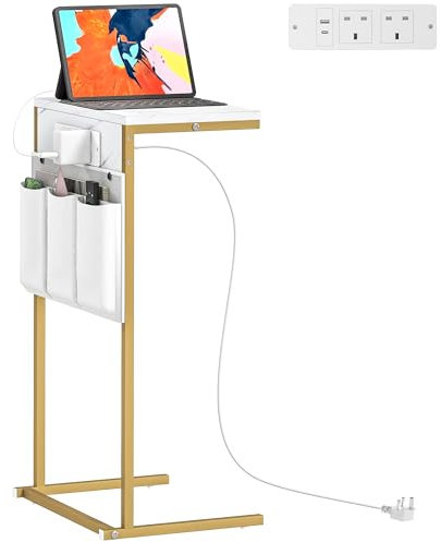 HOMCOM C-Shaped Bedside Table with Charging Station, Marble Grain Side Table with Power Outlets & USB Ports, Storage Bags, for Bedroom, Living Room, White