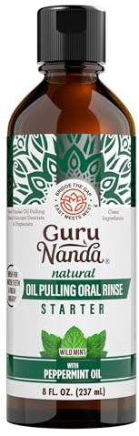 GuruNanda Starter Pulling Oil Mouthwash for Natural Teeth Whitening, Coconut and Peppermint Oil for Fresh Breath & Happy Gums, Alcohol-Free, 8 Oz