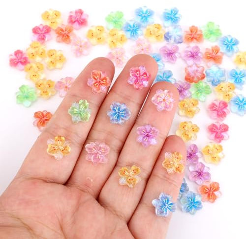 lasuroa 60pcs 3D Ice Translucent Hibiscus Flower Nail Charms, Cute Plastic Floral Nail Art Stickers Mixed Colorful Rhinestones Gems Jewelry for Women Manicure Decorations Accessories