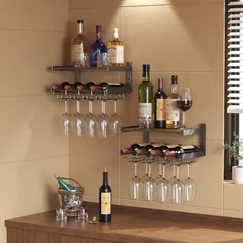 B4Life Weinregal Wandmontage mit Stielglasaufhänger, Weinglashalter Industrial, Glasflaschenregal für Wand, schwebende Regale mit Aufbewahrung, Likörflaschenhalter für Barregale, Küche (Braun, 2)