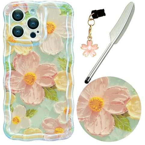 Knoowcase for iPhone 12 Pro Case, Colorful Retro Oil Painting Floral Pattern Cute Curly Wave Frame Phone Case for Women Girls, Soft TPU Shockproof Silicone Protective Bumper Cover, Green