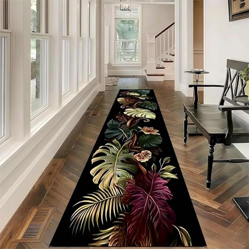 Tropical Leaf Runner Rug,60x120cm, Summer Jungle Natural Plant Palm Leaf Long Hallway Rugs, Non-Slip Washable Monstera Black Kitchen Carpet, Soft Low Pile Rugs for Living Room Laundry Room Bathroom