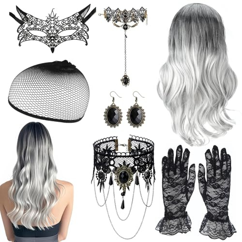 Karneval Perücke Damen Perücke Grau Lang Wellte Lockig 70cm Karneval Kostüm Damen Perücke Hexenperücke Gotisch Halskette Armbänder für Halloween Karneval Maskerade und Cosplay
