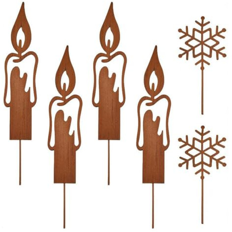 Bosiyrggrl 6PCS Metal Rust Christmas Decorations Candles and Snowflakes Garden Decorative Stakes Natural Rusty Decorative Artwork