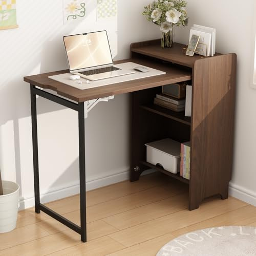 Caldion Klapptisch Schrank mit Stauraum Kleiner Schreibtisch Klappbar Faltbarer Schreibtisch für Zimmer Büro Braun 97.5 × 30 × 82 cm