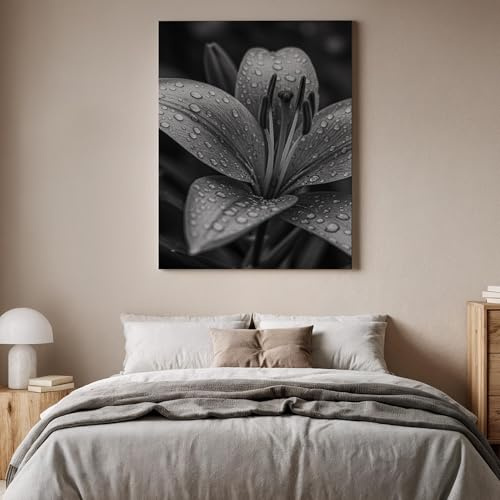 JKEVCBIAX Schwarz-Weiß-Leinwanddruck „Lilien“ – Elegante Lilien-Wanddekoration mit Wassertropfen, modernes Blumenkunstwerk für Wohnzimmer oder Büro (40 x 60 cm/ohne Rahmen)