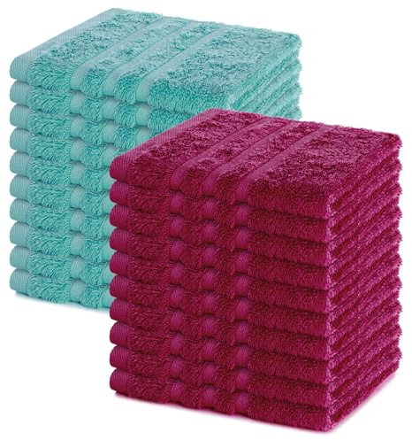Lavea® 20er Seiftuch Set, 30 x 30 cm, 100% Baumwolle Frottier, Gästehandtücher und kleine Waschlappen, pflegeleicht 60 °C, Frottierserie Elena, ideal für Bad und Gäste WC, Bordeaux & Türkis