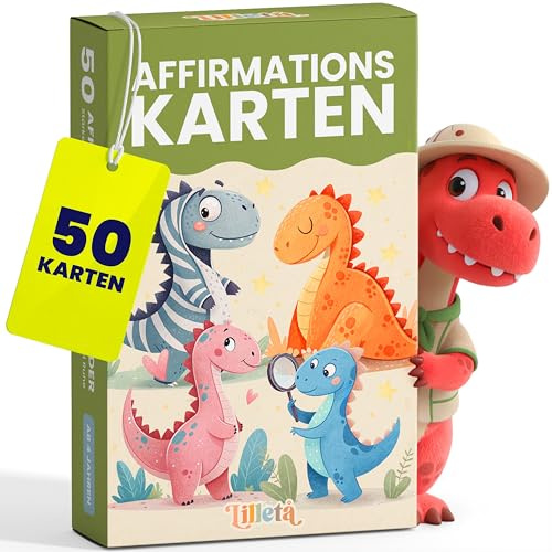 Lilleta ® 50 Affirmationskarten für Kinder (Dino) – Positive Mutmachkarten für Kinder ab 4 Jahren – Fördert Selbstvertrauen und Achtsamkeit im Alltag – Affirmationen für die Schule & den Alltag