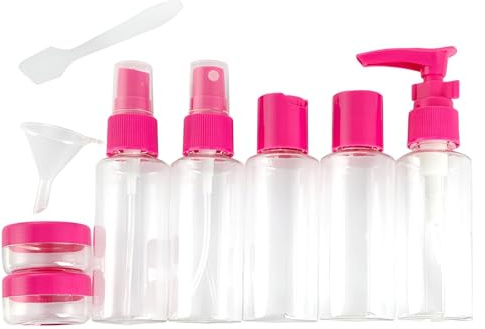 Reiseflaschen Set 9-teilig mit Trichter & Spatel – auslaufsichere Kosmetikbehälter 30 ml (Pumpflasche, Spray & Flaschen) + 2 Cremedosen – Reisebehälter zum Nachfüllen, Farbe: Pink