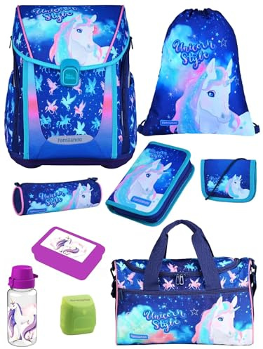 Familando - Premium Schulranzen Set - 9-teilig mit Lunch-Set - Unicorn (Einhorn) - Ergonomisch, stabil & mit gepolstertem Rücken - 1000g - 20L Volumen - Mit Reflektoren - ab 1. Klasse