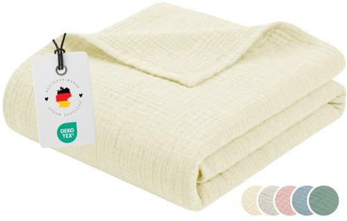 Carpe Sonno Musselin Decke 150 x 200 cm – leichte Sommerdecke Creme | Musselindecke als Tagesdecke, Sofadecke & Kuscheldecke | Oeko-Tex zertifiziert | flauschig-weich | Sommer & Übergang