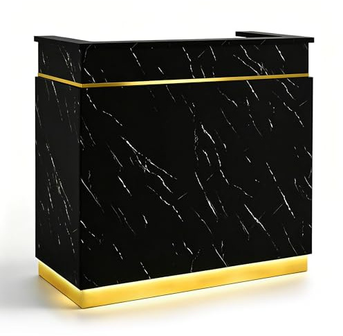 Barberpub Empfangstheke mit 3 Schubladen & 1 Schrank, Empfangstisch mit Beleuchtung, Empfangstresen Abschließbar, Rezeptionstheke Kassentheke für Friseursalon, 55x120x107 cm, R9759 (Schwarz-Gold)