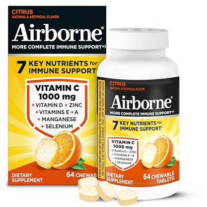 Airborne Citrus Chewable Tablets, 64ct | Immune Support Supplement with 1000mg Vitamin C + Vitamins A, D, E, Zinc,Selenium, & Manganese | Herbal blend | Gluten Free