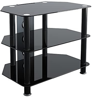 MAHARA Glass Corner TV Stand – Universal Black Glass TV Unit 60cm wide with Glass Shelves and Cable Management – TV Floor Stand Suitable for up to 32” TVs and Max Weight 35kg
