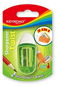 Keyroad Plastikspitzer mit Radiergummi, Einzel Mini Spitzer, Anspitzer, Blister, Farbmix, Bleistiftspitzer / 1 Stück