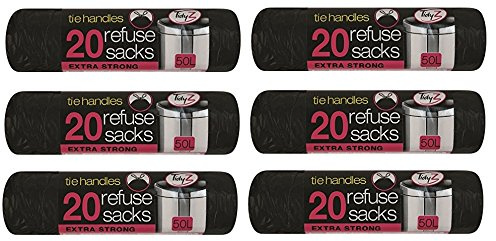 Tidyz Tie Handles Kitchen Bin Liners, Plastic, Black, 10 x 10 x 10 cm