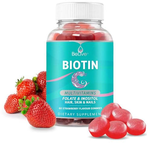 BELIVE Biotin Gummies mit 5000mcg Haar-Multivitamin für Frauen - unterstützt Haarwachstum, Haut und Nägel, vegan, auf Pektinbasis, mit essentiellen Multivitaminen - Erdbeergeschmack (60 Stück)