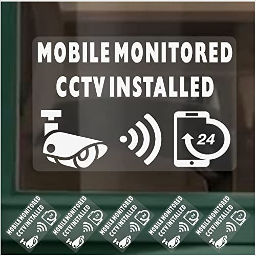 5 x Signs CCTV Mobile Monitored Installed Window Stickers Small WHITE on CLEAR 24hr Security Warning Camera Vinyl Video Recording Home Premises Business Shop 90x60mm