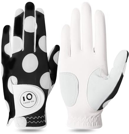 FINGER TEN Golfhandschuhe Damen Leder Links Rechts Hand Golfhandschuh Golf Handschuhe mit Ball Marker Wert 1 Stück Handschuh, Rain Grip Griff Linke Rechte Golfer (Runden, L, Links)