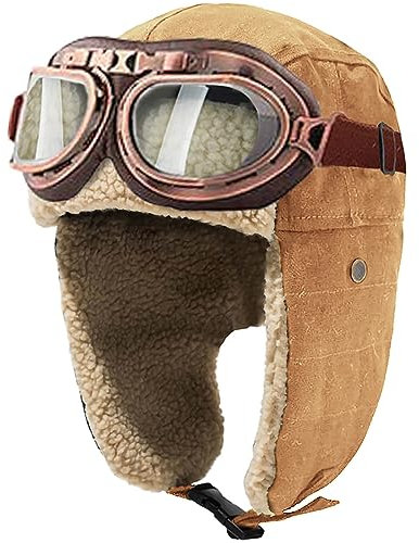 Peicees Vintage-Fliegerhut und Brille, Pelz-Ohrenschützer, Kostümzubehör, Trooper-Trapper-Pilotenmütze, Winter, Snowboard, Unisex, Jugendliche (khakifarbener Hut, kupferfarbener Rahmen/klares Glas)