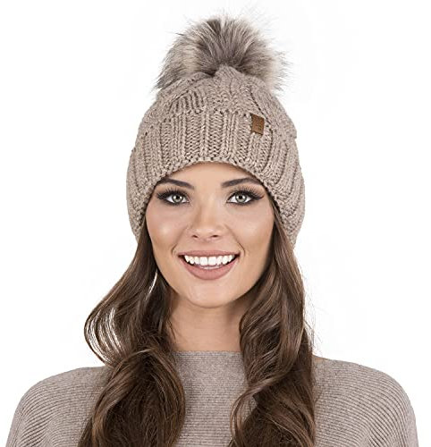 VIVISENCE Wintermütze Mit Bommel Damen Perfekte Passform Warmes Strickmütze Herbst Frauen Mütze Für Winter Aufgerolltem Design Für Extra Wärme Ideal Für Kalte Wintertage Modell, Beige,Einheitsgröße