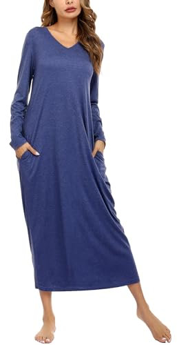 Sykooria Women's Long Nightgown Cotton Baggy Nightdress Plus Size Nightshirt Long Sleeve V Neck Sleep Dress Casual Sleepwear With Pockets(Dark Blue,M)