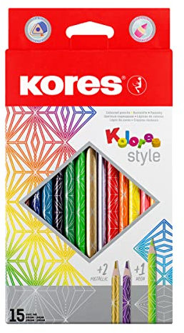 Kores Kolores Style Buntstifte, 15 Farben, trendige & hübsche Metallic- und Neon-Farbtöne für Weiß, Dunkel und Bastelpapier, 15 Buntstifte in einer Box für Kinder, Künstler 93310