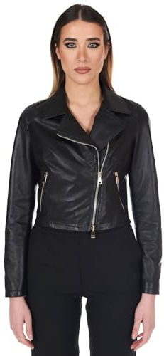 D'Arienzo Giacca in Pelle Donna Chiodo Biker Nero Giacca Corta Vera Pelle Made in Italy Alice XXS/Nero