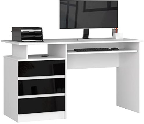 AKORD PC-Schreibtisch CLP 135 mit Tastaturablage | Office Desk | Computertisch | Bürotisch | 3 Schubladen, 1 Ablagefach, B135 x H77 x T60 cm, 45 kg | Weiß & Schwarz Glänzend Front