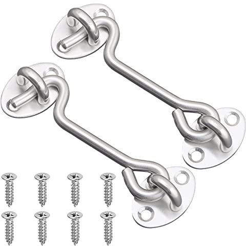 2 Pcs 4 Inch Hook Eye Latch Door Lock, VEGCOO Silver Cabin Hooks Stainless Steel Heavy Duty Gate Latch with Screws for Cabinet Closet Door Window Garage Gate
