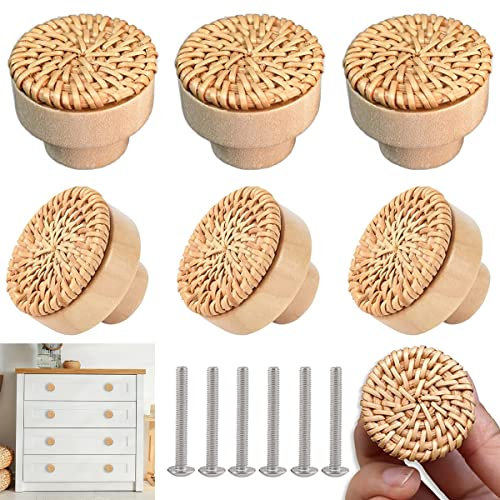BOOLSFMAM 6 Pièces Poignées de Placard Rotin, Boutons de Tiroir en Bois, Poignée Meuble Bohème pour Armoire, Bureau, Cuisine