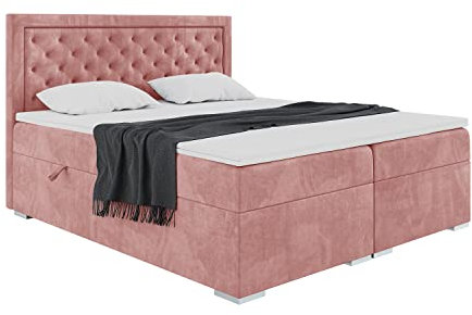 MEBLINI Boxspringbett mit Bettkasten - Gepolstert Doppelbett mit Matratze und Topper - Polsterbett mit Stauraum - Bett mit Kopfteil - Stauraumbett - Glamour - 140x200 - H3/Rosa Samt