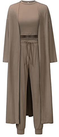 Les umes Womens 3 Pieces Pajama Loungewear Set Long Cardigan Crop Tops High Waist Pants Sweatsuit Set Khaki M