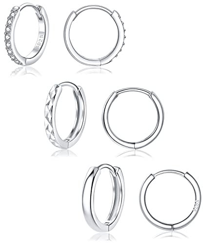 Cangall Creolen Silber 925, 3 Paare 925 Sterling Silber Creolen Ohrringe Set, Creolen Silber Damen Ohrringe mit Weiß Zirkonia, 12mm Klein Unisex Schlafen Kreolen Creolen Ohrringe mit Geschenkbox