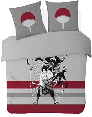Naruto - Housse De Couette Naruto Sasuke & Itachi 2 Personnes + 2 Taies D'Oreiller 63x63 cm - Gris/Rouge