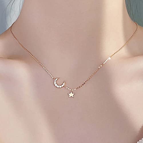 TseenYi Moon Star Peandant Necklace CZ Crescent Moon Necklace Tiny Shiny Moon Star Necklace Paved Rhinestone Moon Necklace Gold Star Necklace Jewelry for Women and Girls