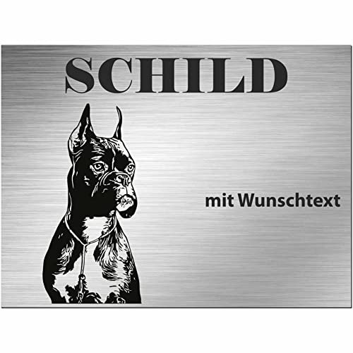 INDIGOS UG - Schilder selbst gestalten Boxer - Wunschtext personalisiert - Aluverbundplatte Edelstahllook - ab 20x15 cm - Spruch - Deko Geschenkidee für Ihren Hund - Zaun - Türschild
