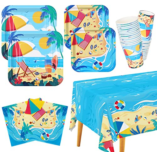 Beach Theme Party Supplies, Summer Pool Pack Includes: Paper Dinner Plates, Dessert Plates, Luncheon Napkins, Cups and Tablecloth for Hawaiian Party Birthday Decorations, Serve 25