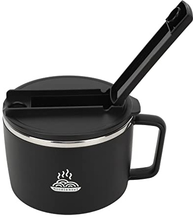 Mikrowelle Mikrowelle Ramen Schüssel Set, 1200ml Edelstahl Schnellnudelkocher mit Stäbchen und Spork, Deckel, Griff, Handy Slot, Instant Nudel Schüssel für Büro College (Schwarz)