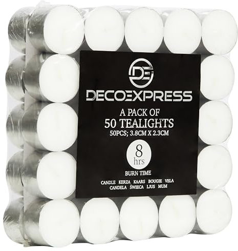 DECO EXPRESS Lot de Bougies Chauffe Plat de 200, 100, 50, 25 ou 24, Bougie Longue Durée de Combustion 4, 8 ou 10 Heures (Blanc 50/8 Heures)