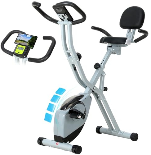 ISE 2-IN-1 Vélo d'Appartement Pliable, Velo Appartement Cardio Training 8 Niveaux Résistance Magnétique, Ecran Multifonction, Vélo Biking avec Dossier Réglable/Hauteur Réglable, Bluetooth, Ergonomique