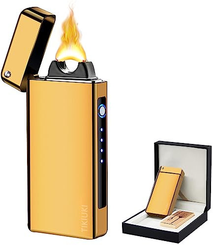 TIKIUKI Elektrisches Plasma Lichtbogen Feuerzeug - Winddicht, Wiederaufladbar, Flammenlos, Personalisiert - Metallfeuerzeug Mit LED-Power-Anzeige Für Kerzen (Gold)