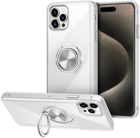 Vunake for iPhone 15 Pro Case with Ring Holder iPhone 15 Pro Phone Case Anti-Yellowing Clear Case Soft TPU Shockproof Bumper 360° Rotatable Metal Plate Protective Case for iPhone 15 Pro 6.1 inch