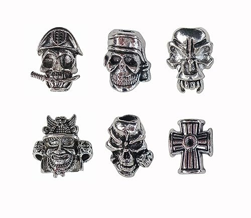 6pcs Knife Paracord Lanyard Ropes Alloy Skull and Cross Beads,EDC Multifunctional Tool Outdoor Camping Folding Knives Gadget Ornaments (Silver)