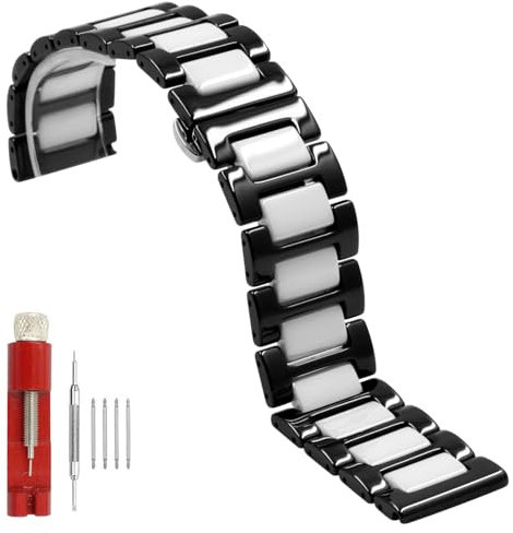 Juntan 22mm Keramik Uhrenarmband Schnellspanner Uhr Ersatzband mit Edelstahl Schmetterlingsverschluss Uhrenarmbänder Armband Schwarz Weiß für Frauen Männer