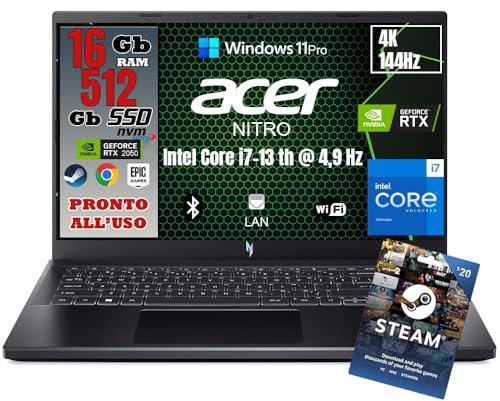 acer NITRO V15 Notebook Gaming, Processore Intel I7-13620H, RAM 16Gb Ddr5, 512Gb SSD, 15.6 144HZ IPS, Nvidia GeForce RTX 2050 4 GB GDDR6, Win 11 Pro, Tastiera Retroilluminata, Preconfigurato.