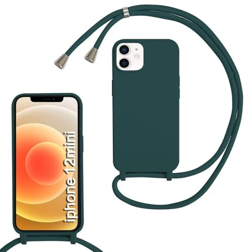 SLWYF Compatible with iPhone 12 Mini Crossbody Lanyard Case, Liquid Silicone Protective Phone Case with Strap Adjustable Neck Cord Necklace Soft Cover for iPhone 12 Mini, Dark green