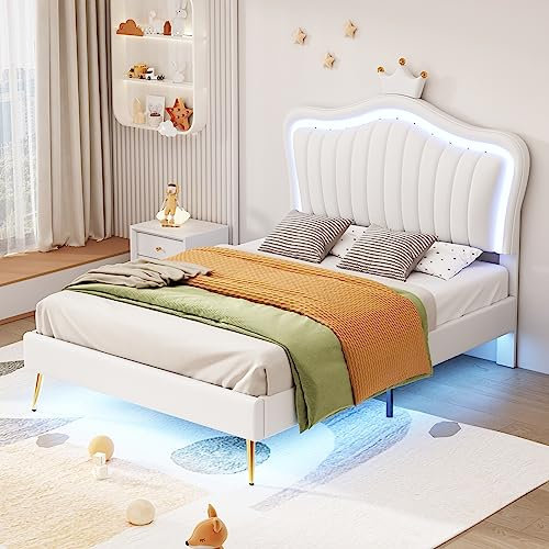 WIZBED Kinderbett Polsterbett 90 x 200 cm, Einzelbett Bettgestell Betten für Mädchen, weißes Kronen Bttgestell aus PU-Leder, Lattenrost und verstellbar Kopfteil,ohne Matratze