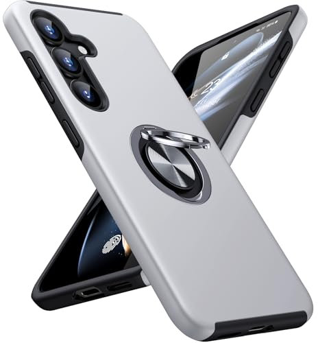 JAME für Samsung S25 Hülle/Samsung S24 Hülle, 360°Drehbarer Metall Ständer, Kratzresistent, Anti-Fingerabdruck, Stoßfest Schutzhülle Handyhülle für Samsung Galaxy S25/S24, Silber