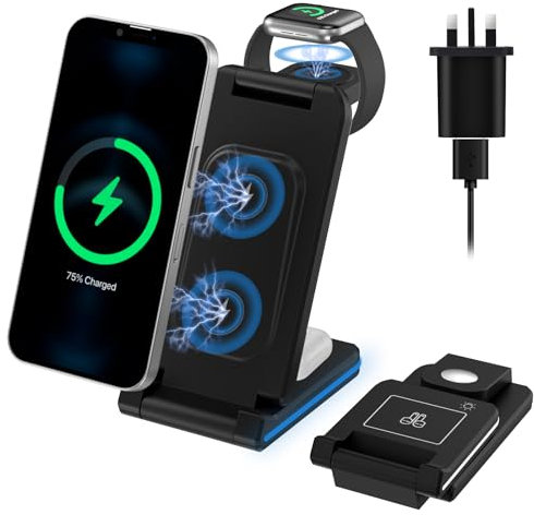 4 in 1 Wireless Charging Station 18W Wireless Charger Fast Foldable Stand fit for iPhone15/14/13/12/11/X/8 Max/Pro, Samsung S22/S21/S20, Apple Watch 2-9, Airpods 2/3/Pro, with Adapter
